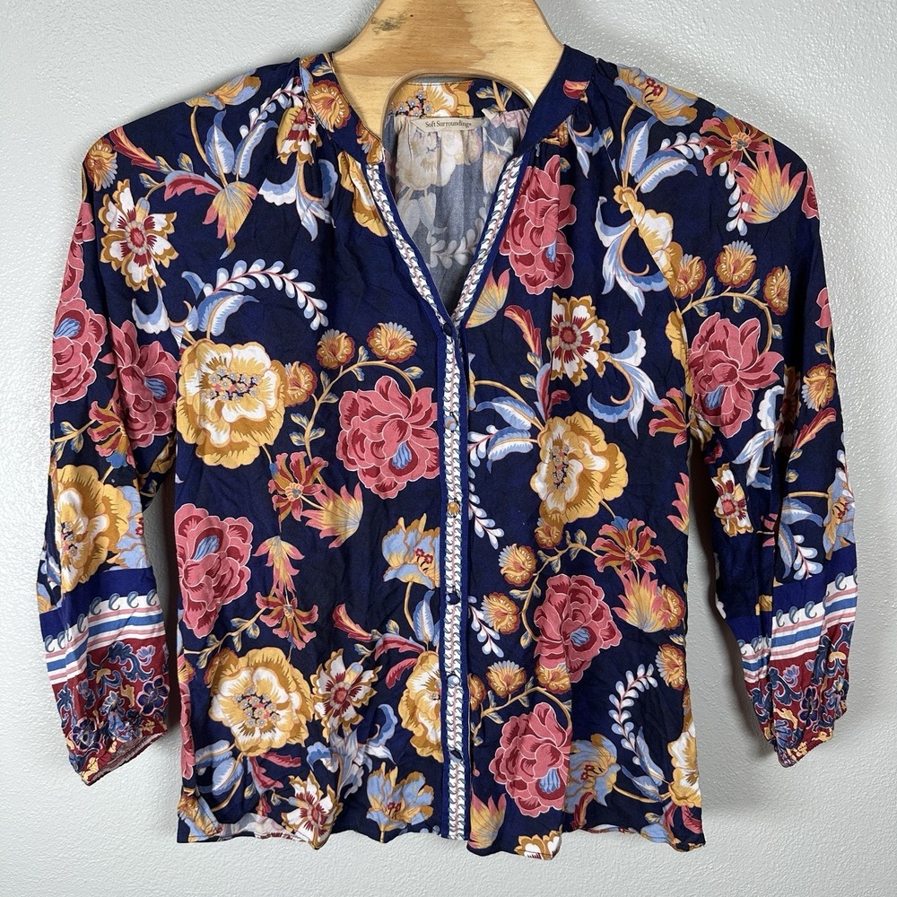 Soft Surroundings Ohana‎ Floral Blouse Womens Large Navy Blue Pink Button Up Top
